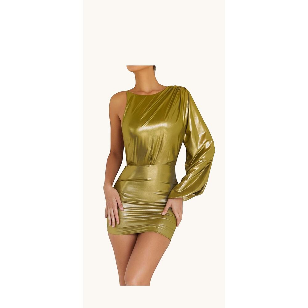 Micas Metallic One Shoulder Halter Cutout Bodycon Mini Dress Olive Gold Sm NWT